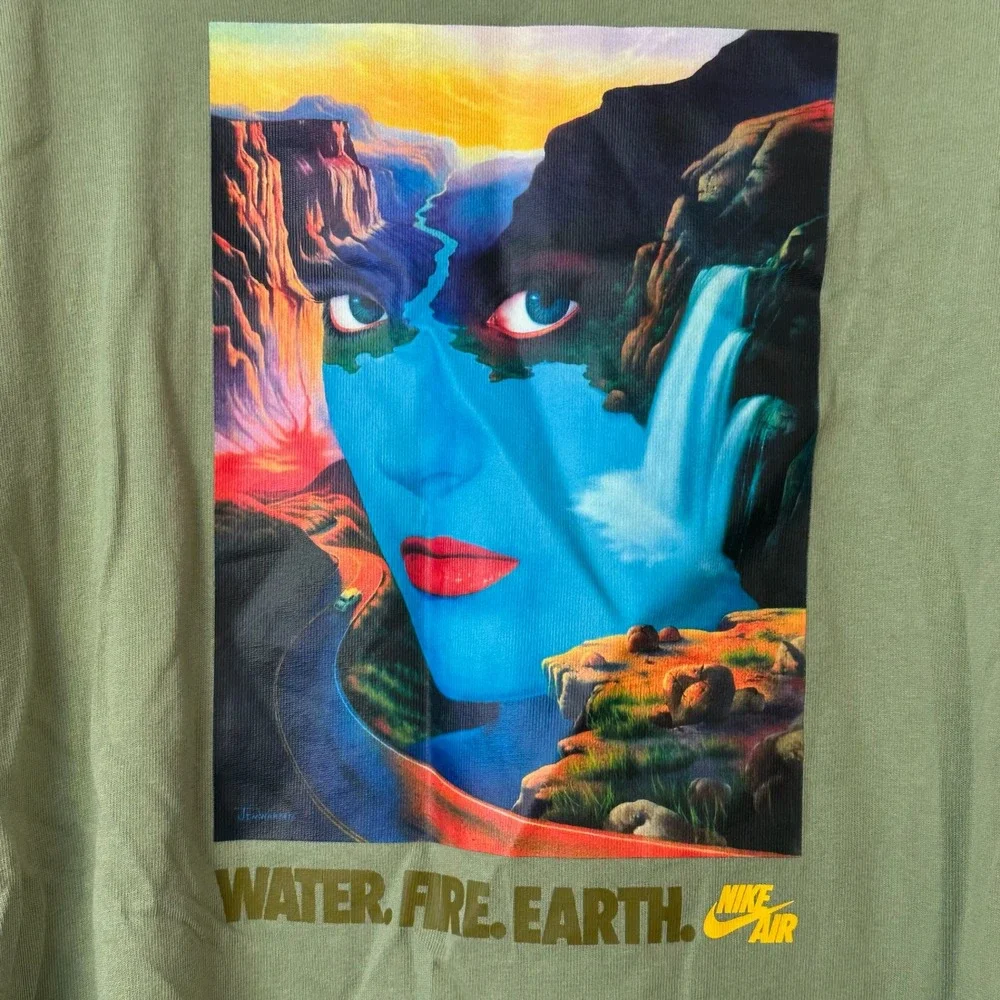 Nike‎ Air Water Fire Earth Graphic T-Shirt Olive Green Loose Fit Mens Large